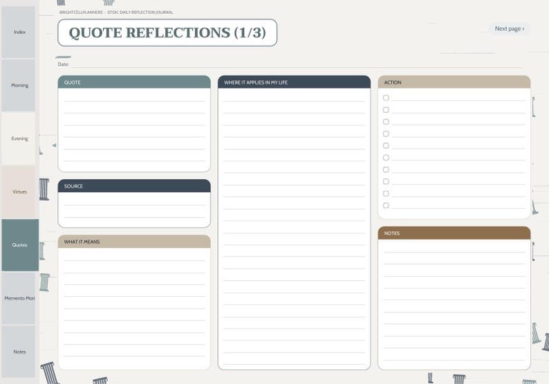 May include: A digital planner page titled QUOTE REFLECTIONS (1/3) with sections for Quote, Source, What It Means, Where It Applies In My Life, Action, and Notes. The layout features a sidebar with navigation tabs and a light background.