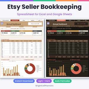 K&ouml;nnte beinhalten: Etsy-Verk&auml;ufer-Buchhaltungstabellen f&uuml;r Excel und Google Sheets mit zwei j&auml;hrlichen Dashboard-Ansichten im hellen und dunklen Modus. Die Benutzeroberfl&auml;che zeigt monatliche Finanzdaten, Balkendiagramme f&uuml;r Umsatz und Gewinn sowie Tortendiagramme.