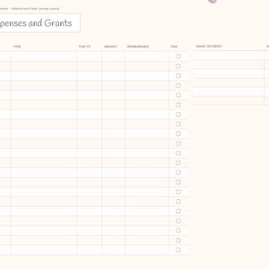 May include: A digital planner page titled Expenses and Grants with a left-hand navigation tab menu. The layout features two main tables for tracking financial data, including columns for date, item, paid to, amount, reimbursable, and paid checkboxes.