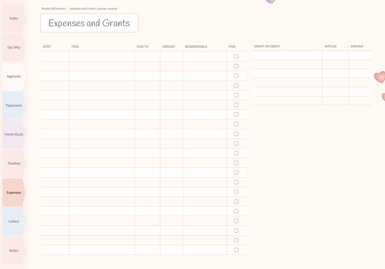 May include: A digital planner page titled Expenses and Grants with a left-hand navigation tab menu. The layout features two main tables for tracking financial data, including columns for date, item, paid to, amount, reimbursable, and paid checkboxes.