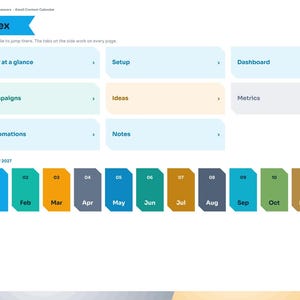 May include: A digital planner index page titled BrightCellPlanners Email Content Calendar 2027. It features a sidebar with navigation tabs and a main area with clickable tiles for Year at a glance, Setup, Dashboard, Campaigns, Ideas, Automations, Notes, and a row of twelve monthly buttons from Jan to Dec.