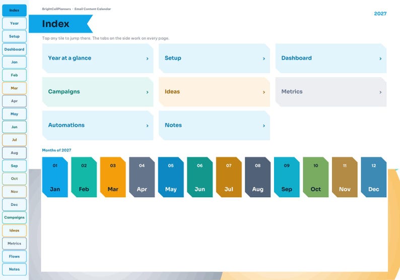 May include: A digital planner index page titled BrightCellPlanners Email Content Calendar 2027. It features a sidebar with navigation tabs and a main area with clickable tiles for Year at a glance, Setup, Dashboard, Campaigns, Ideas, Automations, Notes, and a row of twelve monthly buttons from Jan to Dec.