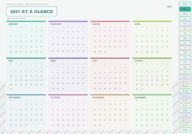 May include: A 2027 digital calendar planner page titled 2027 AT A GLANCE. It features twelve monthly grids with color-coded headers, a sidebar navigation menu with tabs for index, year, setup, months, income, expenses, mileage, and other financial categories.