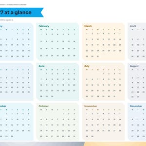May include: A digital 2027 annual calendar planner page titled 2027 at a glance. It features twelve monthly grids organized in a grid layout with a vertical navigation sidebar on the left containing tabs for Index, Year, Setup, Dashboard, and various months.