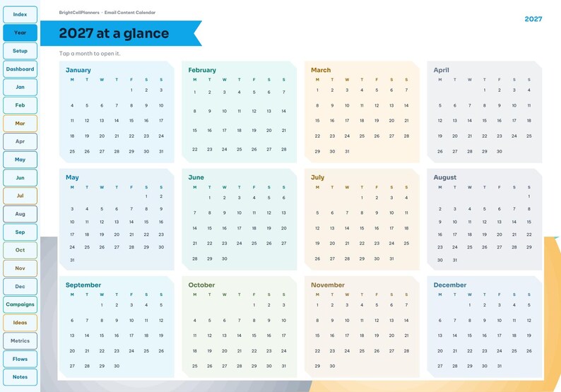 May include: A digital 2027 annual calendar planner page titled 2027 at a glance. It features twelve monthly grids organized in a grid layout with a vertical navigation sidebar on the left containing tabs for Index, Year, Setup, Dashboard, and various months.