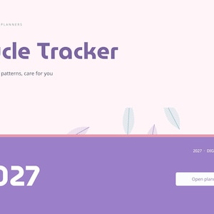 Może przedstawiać: Okładka cyfrowego planera z tytułem Cycle Tracker, tekstem Notice the patterns, care for you oraz 2027 Digital Planner. Projekt zawiera jasnor&oacute;żowe tło z fioletowym tekstem, małymi ilustracjami liści i fioletową dolną sekcją.