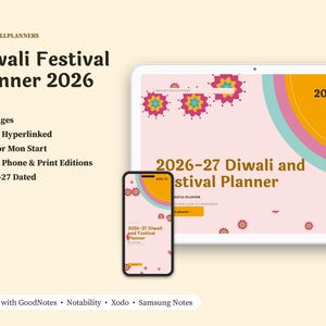 Pu&ograve; includere: Un pianificatore digitale del festival di Diwali 2026-27 visualizzato su un tablet e uno smartphone. Il pianificatore presenta uno sfondo rosa chiaro con motivi floreali colorati, un sole giallo e il testo 2026-27 Diwali and Festival Planner.