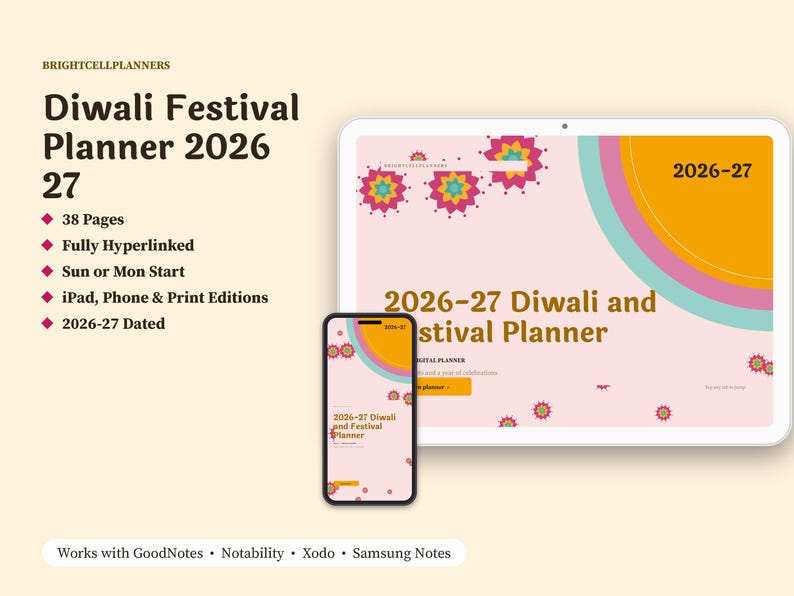 Pu&ograve; includere: Un pianificatore digitale del festival di Diwali 2026-27 visualizzato su un tablet e uno smartphone. Il pianificatore presenta uno sfondo rosa chiaro con motivi floreali colorati, un sole giallo e il testo 2026-27 Diwali and Festival Planner.