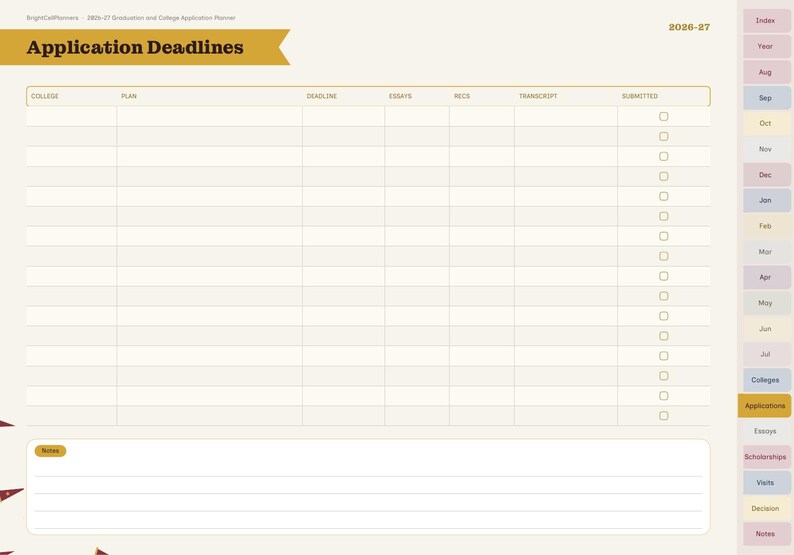 May include: A digital planner page titled Application Deadlines for 2026-27. The layout features a table with columns for college, plan, deadline, essays, recs, transcript, and submitted checkboxes, plus a bottom section for notes.