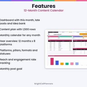 May include: A 12-month content calendar digital dashboard by BrightCellPlanners. Features include a content plan with 1,500 rows, monthly calendar, year overview for 8 platforms, and tracking for reach, engagement, and post goals.