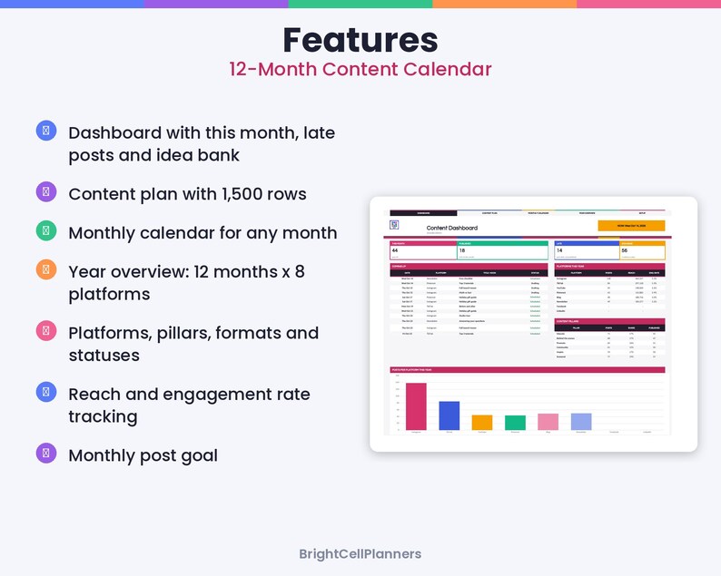 May include: A 12-month content calendar digital dashboard by BrightCellPlanners. Features include a content plan with 1,500 rows, monthly calendar, year overview for 8 platforms, and tracking for reach, engagement, and post goals.