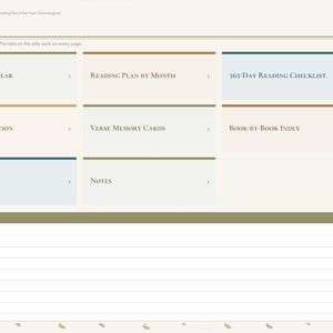 May include: A digital planner index page titled 2027 Bible Reading Plan. It features navigation tabs on the right and a grid of sections including My Reading Year, Reading Plan by Month, 365-Day Reading Checklist, Daily Reflection, Verse Memory Cards, Book-by-Book Index, Prayer List, Notes, and a Quick Notes area with lined space.