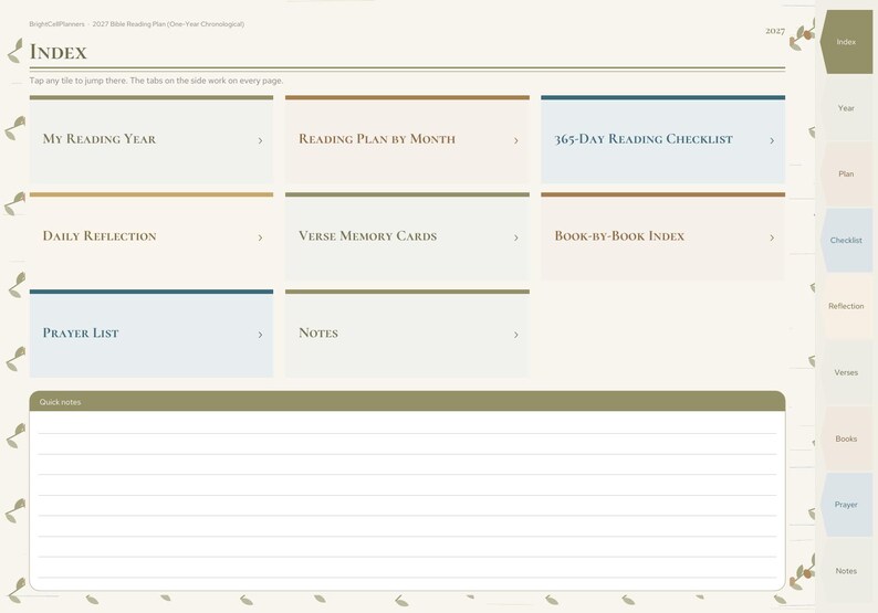 May include: A digital planner index page titled 2027 Bible Reading Plan. It features navigation tabs on the right and a grid of sections including My Reading Year, Reading Plan by Month, 365-Day Reading Checklist, Daily Reflection, Verse Memory Cards, Book-by-Book Index, Prayer List, Notes, and a Quick Notes area with lined space.