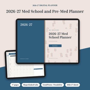 May include: A 2026-27 digital planner for medical students displayed on two tablet screens. The cover features a dark blue side and a light beige side with DNA helix patterns, titled 2026-27 Med School Planner with an Open planner button.