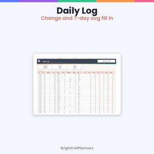 Może przedstawiać: Cyfrowy arkusz kalkulacyjny Daily Log wyświetlony na ekranie tabletu. Nagł&oacute;wek zawiera tekst Daily Log oraz Change and 7-day avg fill in. Tabela zawiera kolumny z datami i r&oacute;żnymi danymi, a na dole widnieje napis BrightCellPlanners.