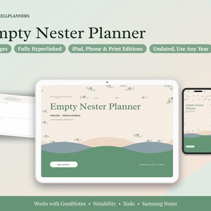 May include: A digital Empty Nester Planner displayed on a tablet and smartphone, featuring 24 pages, hyperlinks, and undated layouts. The interface includes the text Empty Nester Planner, Undated - Digital Journal, and A new chapter, just for you.