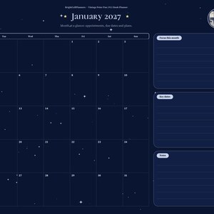 May include: A digital planner page for January 2027 with a dark blue starry background. The layout features a monthly calendar grid, sections for Focus this month, Key dates, and Notes, plus a side navigation bar with month labels.