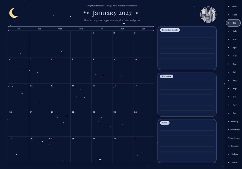 May include: A digital planner page for January 2027 with a dark blue starry background. The layout features a monthly calendar grid, sections for Focus this month, Key dates, and Notes, plus a side navigation bar with month labels.