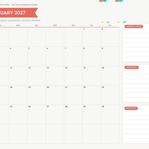 May include: A digital planner page for January 2027 featuring a monthly calendar grid, a sidebar with navigation tabs, and three lined sections labeled Monthly Focus, Sales Goals, and Key Dates, all set against a light background.
