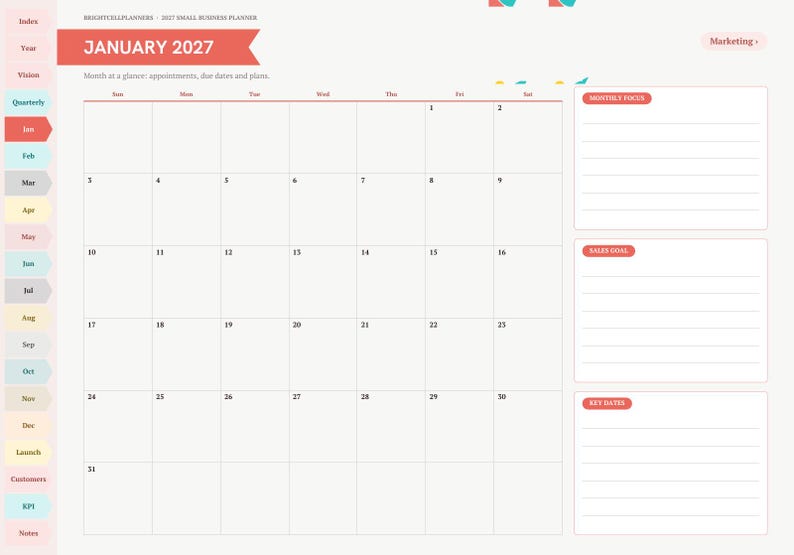 May include: A digital planner page for January 2027 featuring a monthly calendar grid, a sidebar with navigation tabs, and three lined sections labeled Monthly Focus, Sales Goals, and Key Dates, all set against a light background.