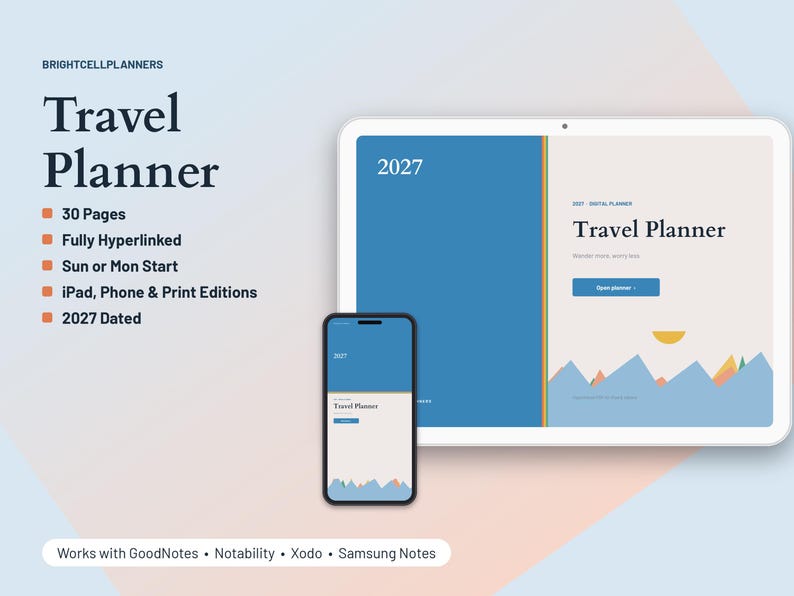 2027 Digital Travel Planner, Tablet Travel Planner PDF, Hyperlinked Planner, Budget, Daily Itinerary, Packing, To-Do image 1