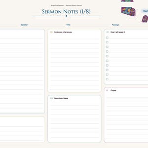 May include: A digital sermon notes journal page titled Sermon Notes (1/8) with sections for date, speaker, title, passage, main points, scripture references, questions, application, and prayer, featuring a side navigation bar.
