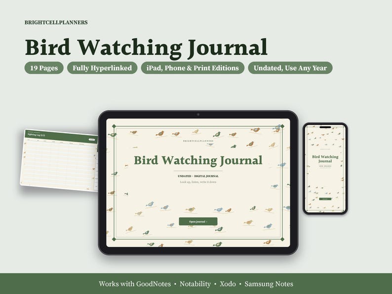 Bird Watching Journal Digital, Birding Log Book, Bird Sighting Log, Life List, Field Sketch Pages, Migration Calendar image 1