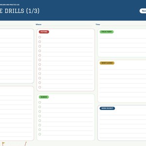 Puede incluir: Una p&aacute;gina de planificador digital de ejercicios de golf titulada Practice Drills (1/3) con secciones para Driving Range, Putting, Short Game, Bunker, Focus Today, What Clicked y Work on Next, con casillas y l&iacute;neas para notas.