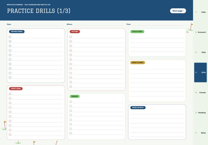 Puede incluir: Una p&aacute;gina de planificador digital de ejercicios de golf titulada Practice Drills (1/3) con secciones para Driving Range, Putting, Short Game, Bunker, Focus Today, What Clicked y Work on Next, con casillas y l&iacute;neas para notas.