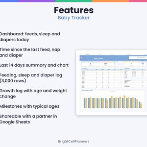 May include: A digital Baby Tracker spreadsheet interface displayed on a tablet screen. The list of features includes a dashboard for feeds, sleep, and diapers, a 14-day summary, a 3,000-row log, growth tracking, milestones, and Google Sheets sharing.