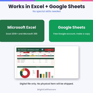 Puede incluir: Una plantilla de planificador navide&ntilde;o digital compatible con Microsoft Excel 2016+ y Google Sheets. La interfaz muestra seguimiento de presupuesto, listas de regalos y visualizaciones de datos, incluyendo un gr&aacute;fico circular y de barras.