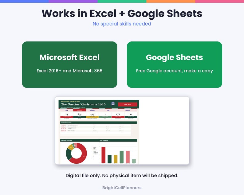 Puede incluir: Una plantilla de planificador navide&ntilde;o digital compatible con Microsoft Excel 2016+ y Google Sheets. La interfaz muestra seguimiento de presupuesto, listas de regalos y visualizaciones de datos, incluyendo un gr&aacute;fico circular y de barras.