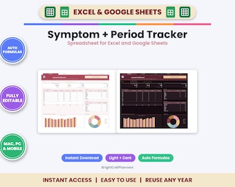 Planilha de acompanhamento de sintomas e ciclo menstrual para Excel e Google Sheets - Registro de sintomas da TPM