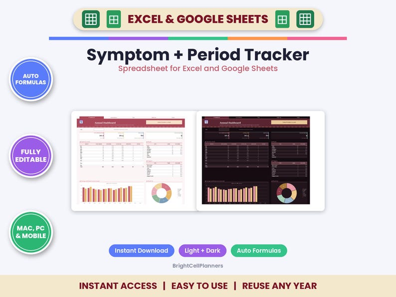 Peut inclure: Un tableur num&eacute;rique de suivi des sympt&ocirc;mes et des r&egrave;gles pour Excel et Google Sheets. L'interface affiche deux versions de tableau de bord, une en mode clair et une en mode sombre, avec des graphiques, des tableaux et des formules automatiques.