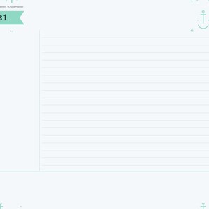 May include: A digital planner page titled Notes 1 with a light blue background featuring a repeating anchor pattern. The left side has colorful navigation tabs labeled Index, Booking, Itinerary, Port Day, Excursions, Packing, Budget, Ship Log, and Notes.