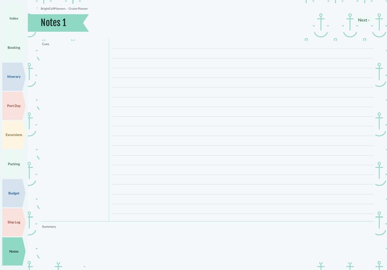May include: A digital planner page titled Notes 1 with a light blue background featuring a repeating anchor pattern. The left side has colorful navigation tabs labeled Index, Booking, Itinerary, Port Day, Excursions, Packing, Budget, Ship Log, and Notes.