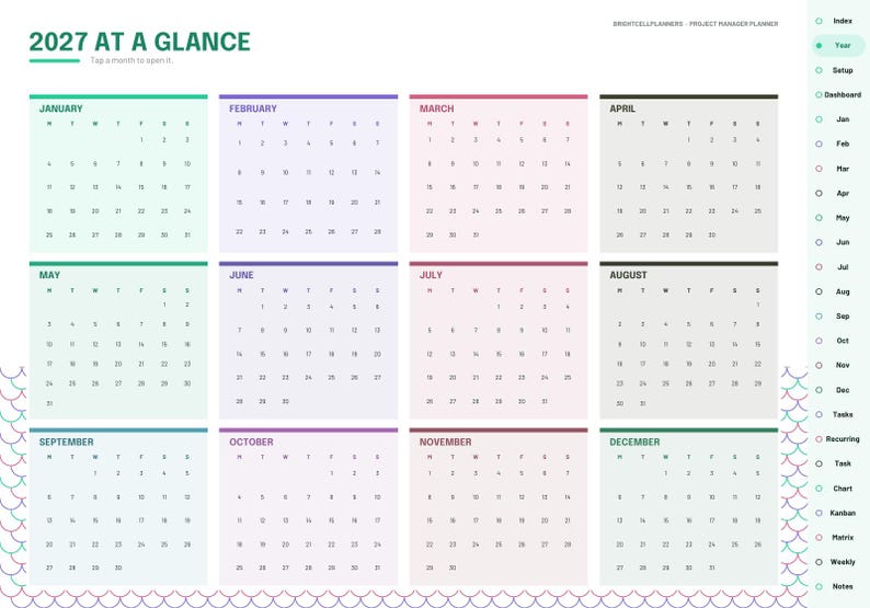 May include: A digital 2027 calendar planner titled 2027 AT A GLANCE, featuring twelve monthly grids organized in a three-by-four layout. Each month has a distinct color-coded header and a sidebar with navigation links for project management.
