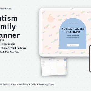 May include: A digital Autism Family Planner displayed on a tablet and smartphone screen, featuring a light blue arch design on a pastel patterned background. The text reads Autism Family Planner, 20 Pages, Fully Hyperlinked, and more.