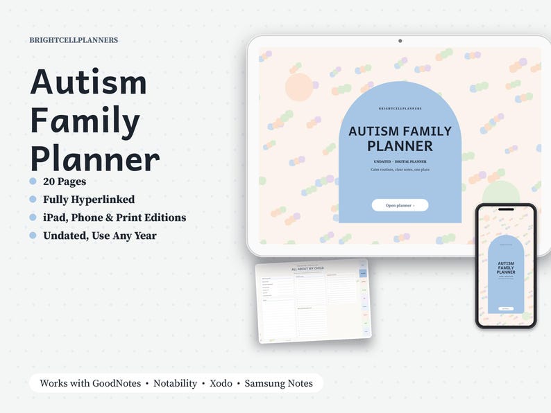 May include: A digital Autism Family Planner displayed on a tablet and smartphone screen, featuring a light blue arch design on a pastel patterned background. The text reads Autism Family Planner, 20 Pages, Fully Hyperlinked, and more.