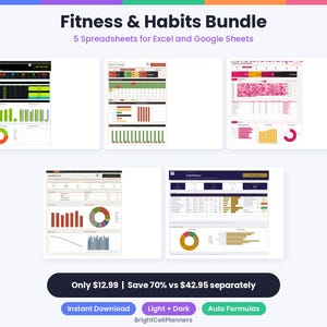 May include: Fitness & Habits Bundle featuring 5 spreadsheets for Excel and Google Sheets. The digital display shows various dashboards with charts, graphs, and data tables in black, white, red, green, and purple color schemes.