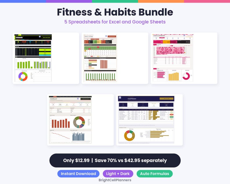 May include: Fitness & Habits Bundle featuring 5 spreadsheets for Excel and Google Sheets. The digital display shows various dashboards with charts, graphs, and data tables in black, white, red, green, and purple color schemes.
