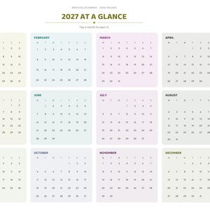 May include: A 2027 digital planner page titled 2027 AT A GLANCE, featuring twelve monthly calendar grids in soft pastel colors. A vertical navigation sidebar on the right contains labeled tabs for months and sections like Index, Setup, and Daily Log.