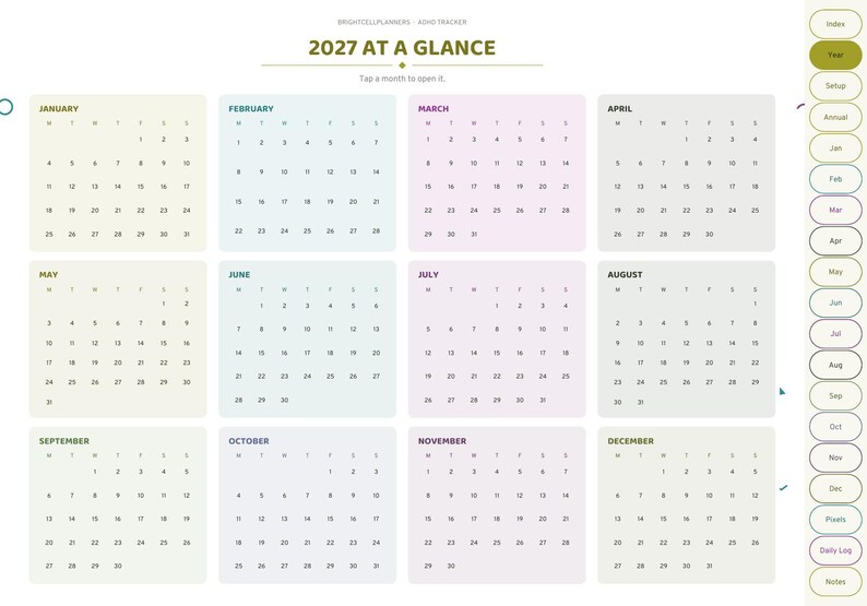 May include: A 2027 digital planner page titled 2027 AT A GLANCE, featuring twelve monthly calendar grids in soft pastel colors. A vertical navigation sidebar on the right contains labeled tabs for months and sections like Index, Setup, and Daily Log.