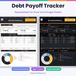 May include: A digital debt payoff tracker spreadsheet for Excel and Google Sheets featuring light and dark mode monthly dashboards. The interface displays financial data, debt balances, payment logs, donut charts, and bar graphs with the text Debt Payoff Tracker, Spreadsheet for Excel and Google Sheets, Instant Download, Light + Dark, Auto Formulas, and BrightCellPlanners.