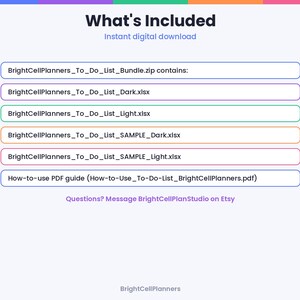 May include: A digital download information graphic titled What's Included. It lists the contents of BrightCellPlanners_To_Do_List_Bundle.zip, including four Excel files in dark and light versions, and a How-to-use PDF guide.