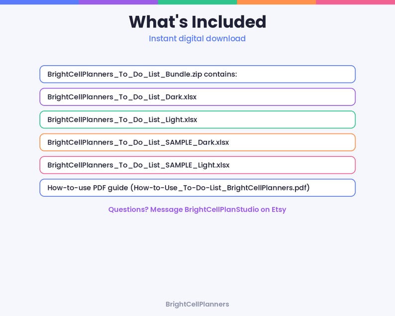 May include: A digital download information graphic titled What's Included. It lists the contents of BrightCellPlanners_To_Do_List_Bundle.zip, including four Excel files in dark and light versions, and a How-to-use PDF guide.