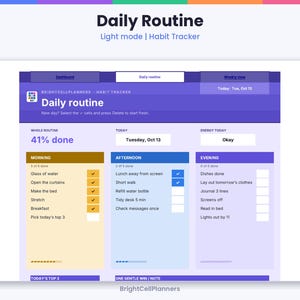 May include: A digital daily routine habit tracker interface titled Daily Routine with sections for Morning, Afternoon, and Evening. The layout features progress bars, checkboxes, and text fields for tasks like Glass of water and Lunch away from screen.