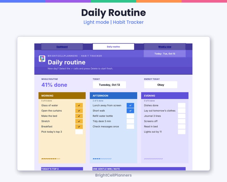 May include: A digital daily routine habit tracker interface titled Daily Routine with sections for Morning, Afternoon, and Evening. The layout features progress bars, checkboxes, and text fields for tasks like Glass of water and Lunch away from screen.