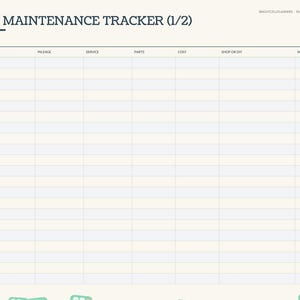 May include: A digital RV maintenance tracker page with a light cream background and a dark blue header reading RV MAINTENANCE TRACKER (1/2). The layout includes a table with columns for date, mileage, service, parts, cost, shop or DIY, and next due.