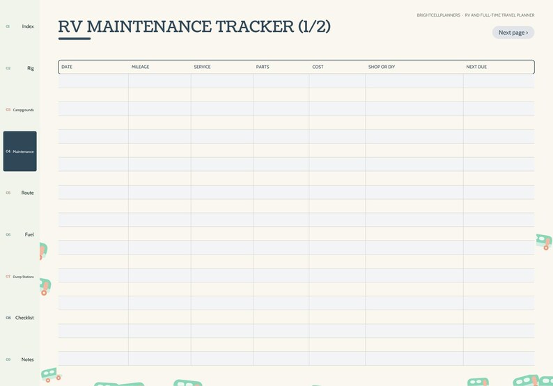 May include: A digital RV maintenance tracker page with a light cream background and a dark blue header reading RV MAINTENANCE TRACKER (1/2). The layout includes a table with columns for date, mileage, service, parts, cost, shop or DIY, and next due.